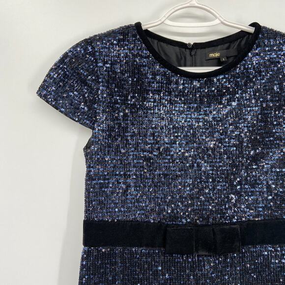 MAJE Ketsia Midnight Blue Sequined Tulle Dress Velvet Bow Small - Picture 3 of 7